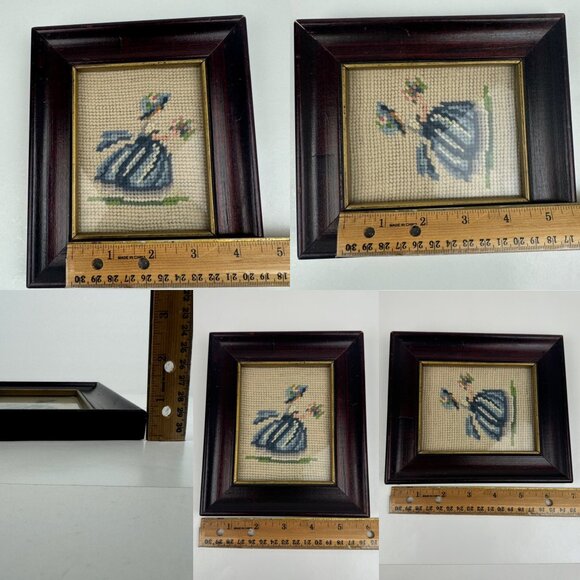 Vtg 1950s Needlepoint Art Girl in Blue Dress w Flowers w Gold Framed 7 in x 6 in - Picture 3 of 11